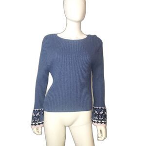 Vintage Y2K RAG Blue Ribbed Sweater with Butterfly Print Bell Sleeves Size XL